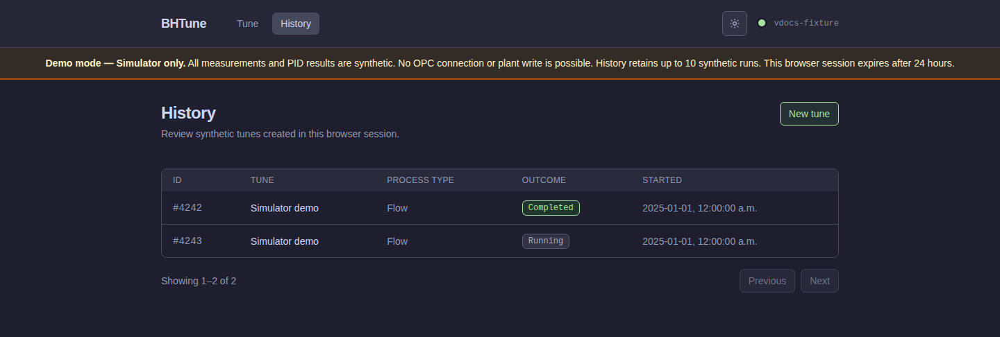 BHTune Demo visitor history list showing simulator runs for the current session