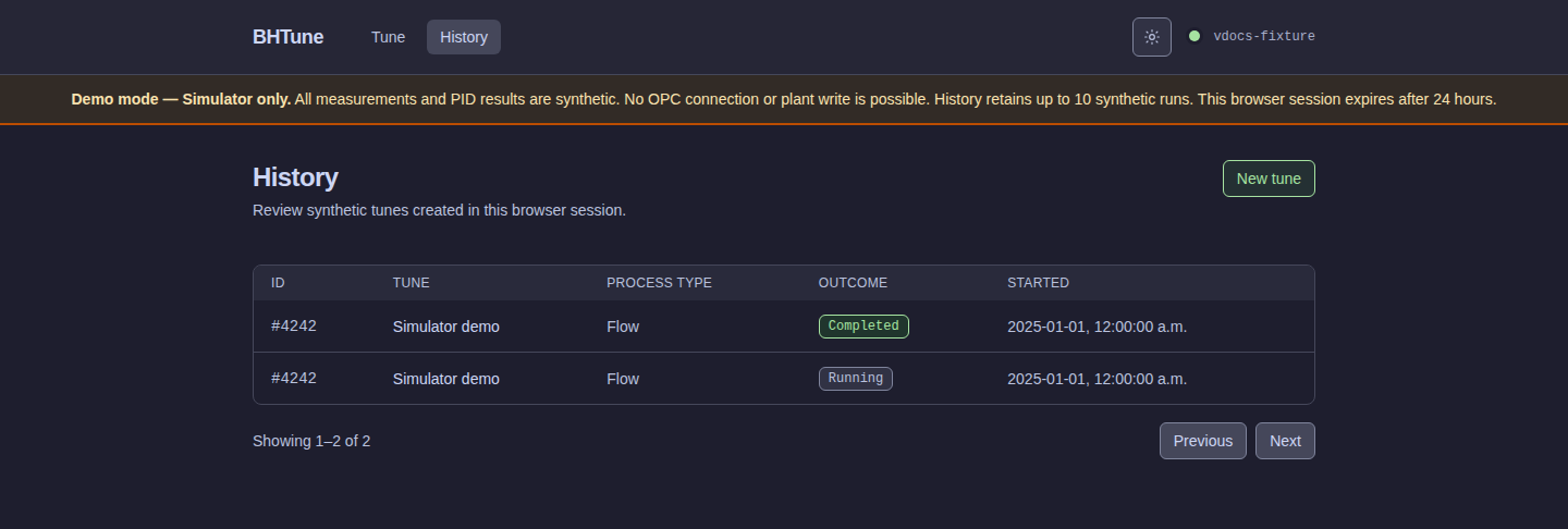 BHTune Demo visitor history list showing simulator runs for the current session