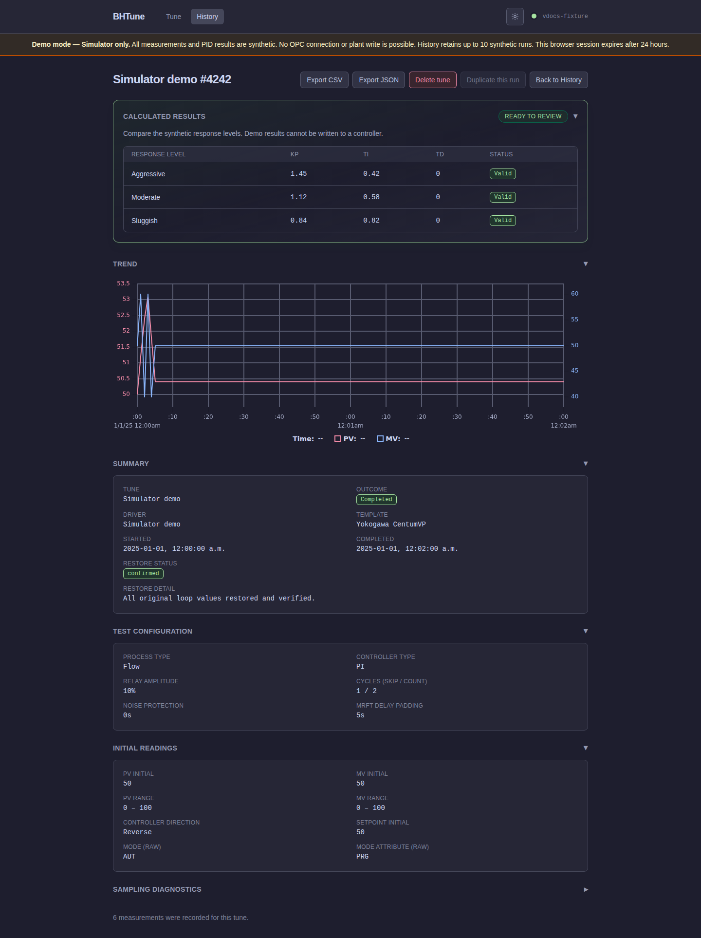 BHTune Demo completed simulator run detail with calculated results and diagnostics
