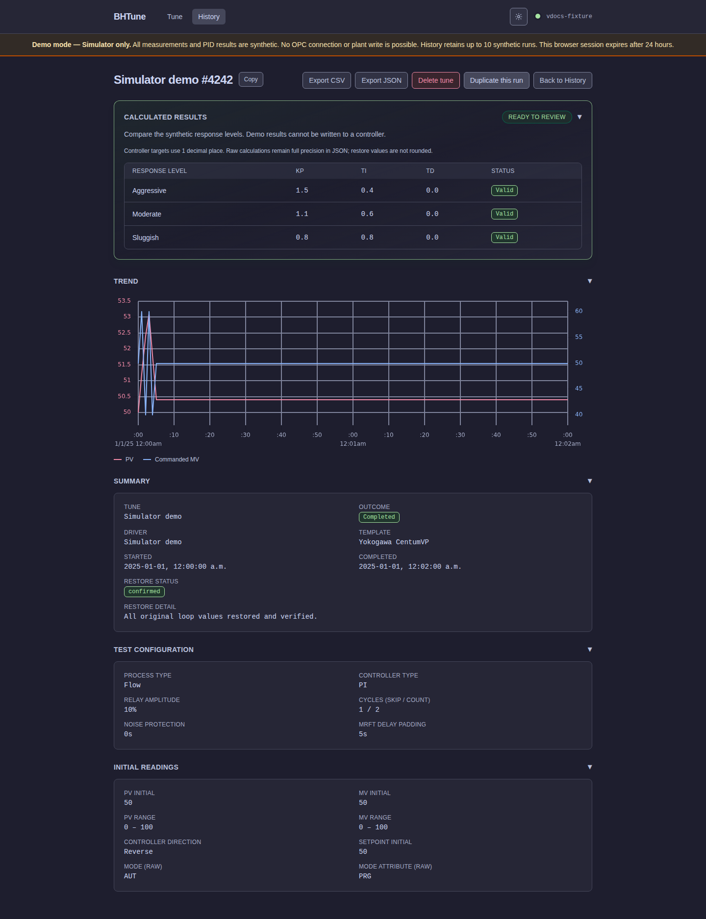 BHTune Demo completed simulator run detail with calculated results and diagnostics