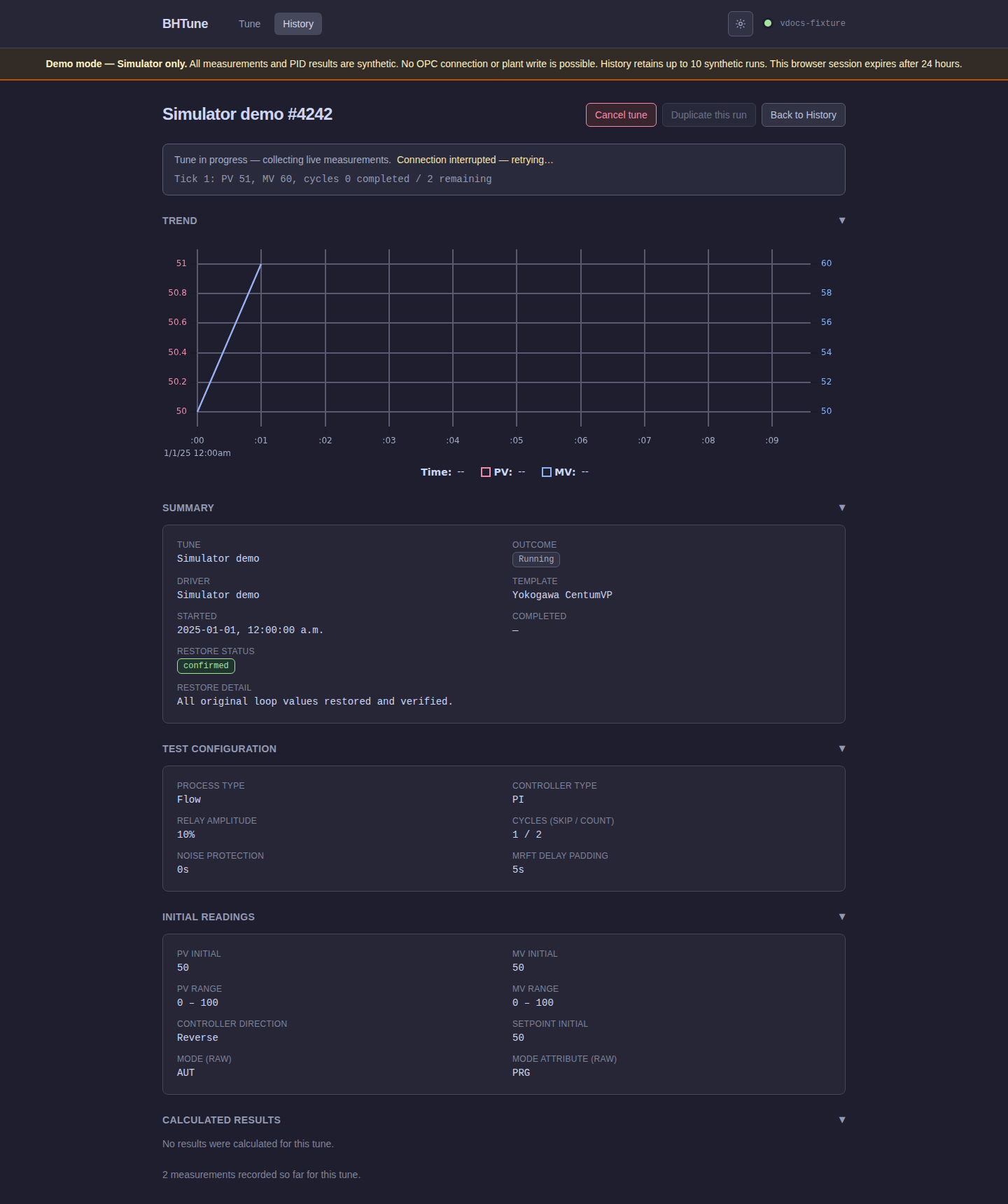 BHTune Demo live simulator run with a streaming PV and MV trend