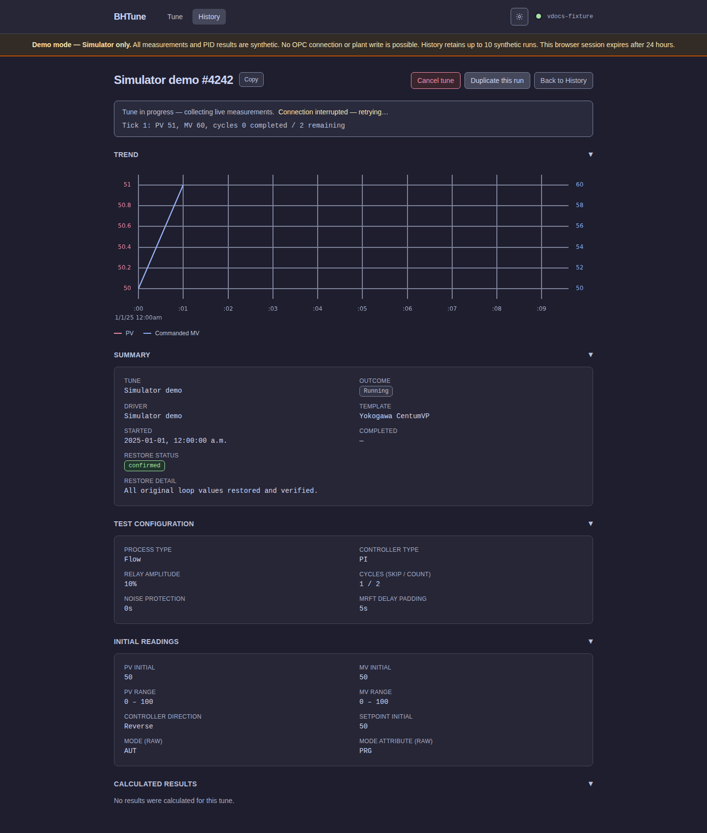 BHTune Demo live simulator run with a streaming PV and MV trend