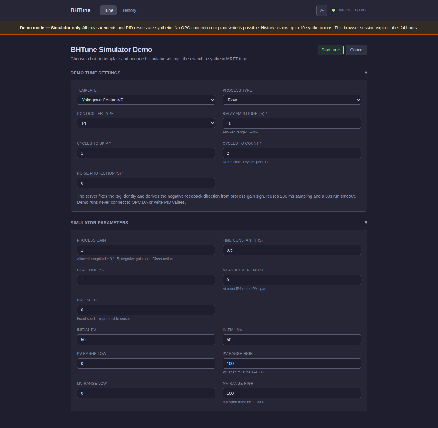 BHTune Demo mode simulator tune form with the persistent Demo policy notice