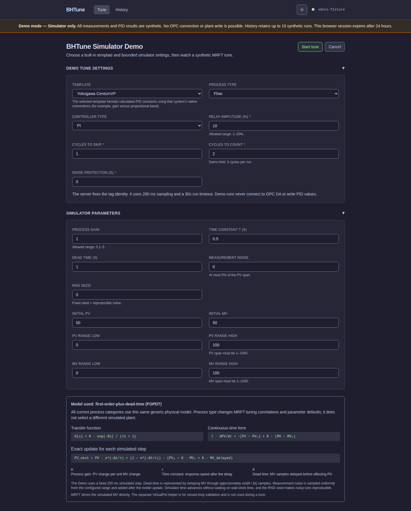 BHTune Demo mode simulator tune form with the persistent Demo policy notice