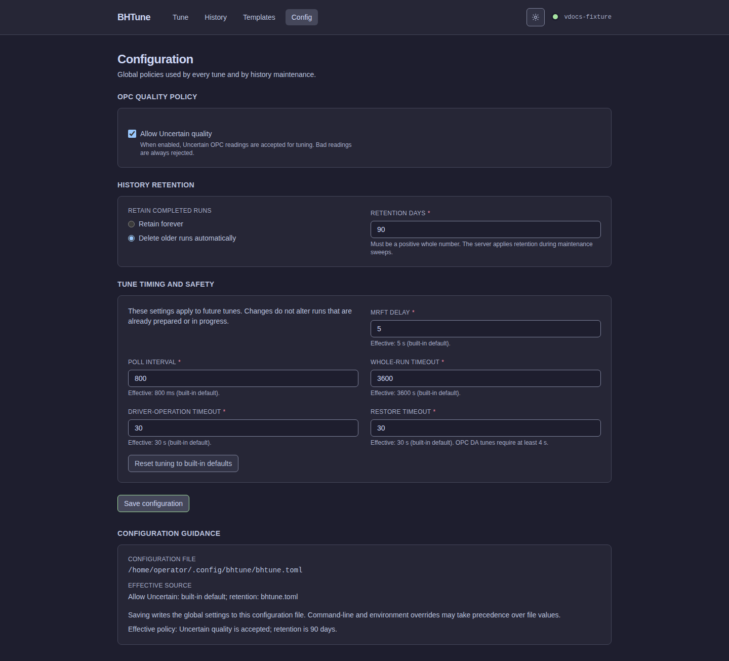 BHTune Configuration page showing OPC quality, retention, timing, safety, and guidance sections