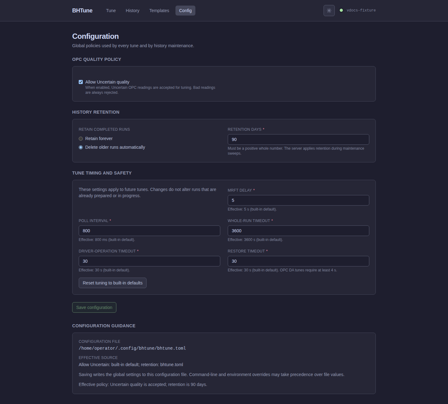 BHTune Configuration page showing OPC quality, retention, timing, safety, and guidance sections