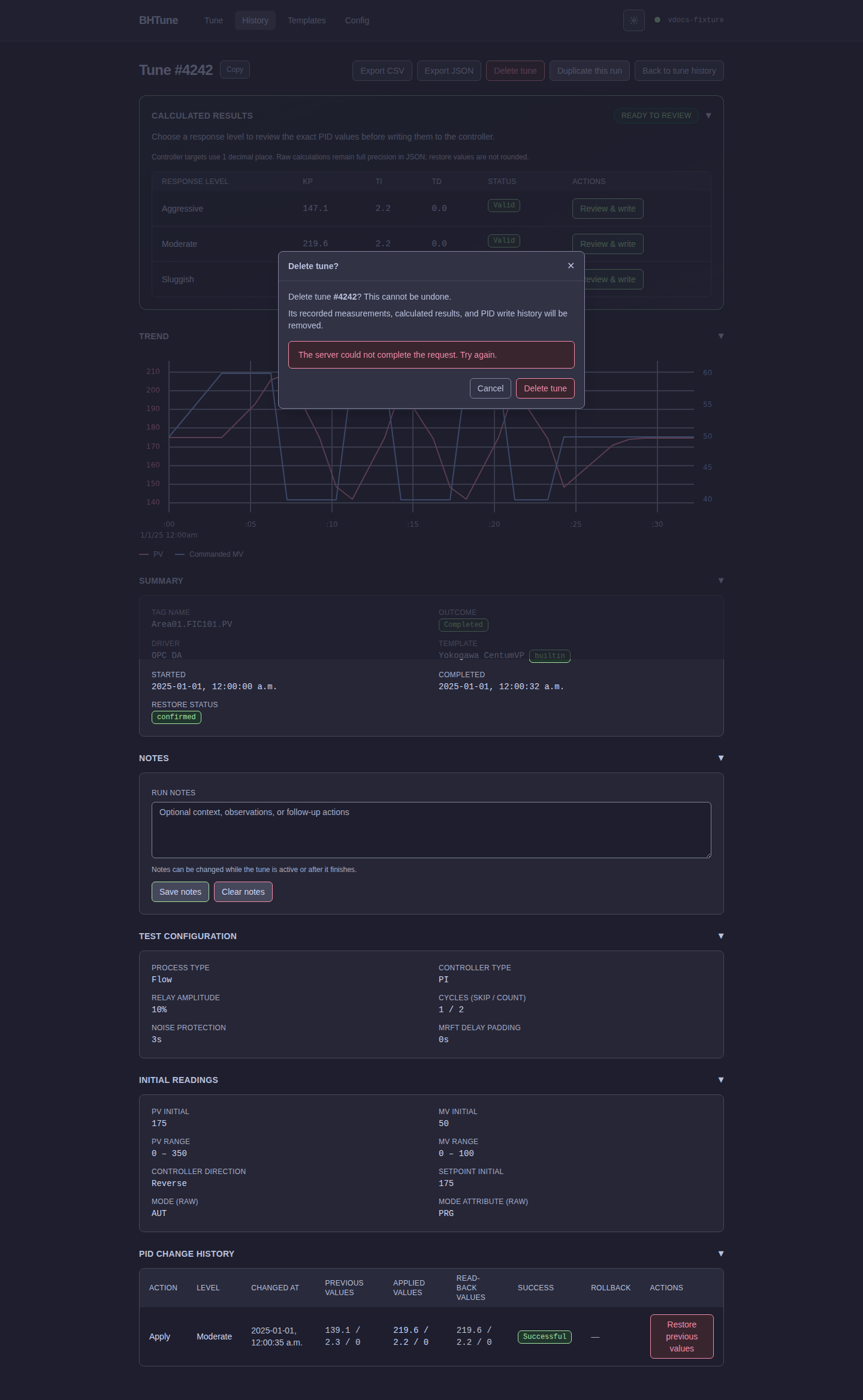 BHTune failed completed-run deletion confirmation with an inline retry error