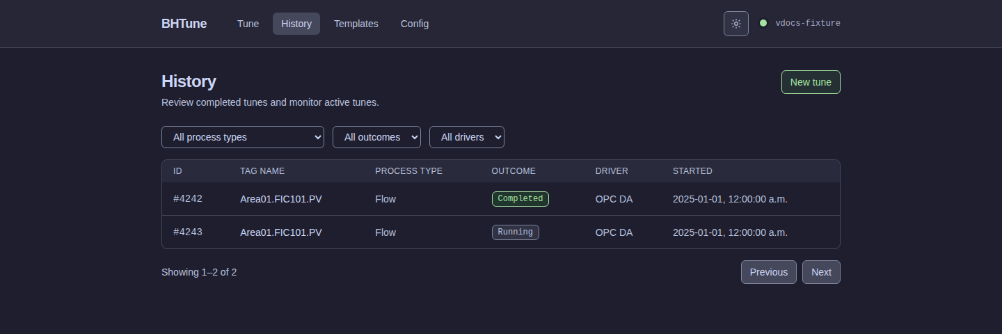 BHTune Full mode History page with filterable tune-run rows
