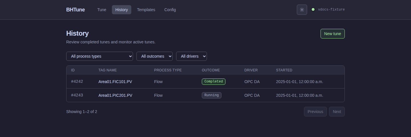 BHTune Full mode History page with filterable tune-run rows