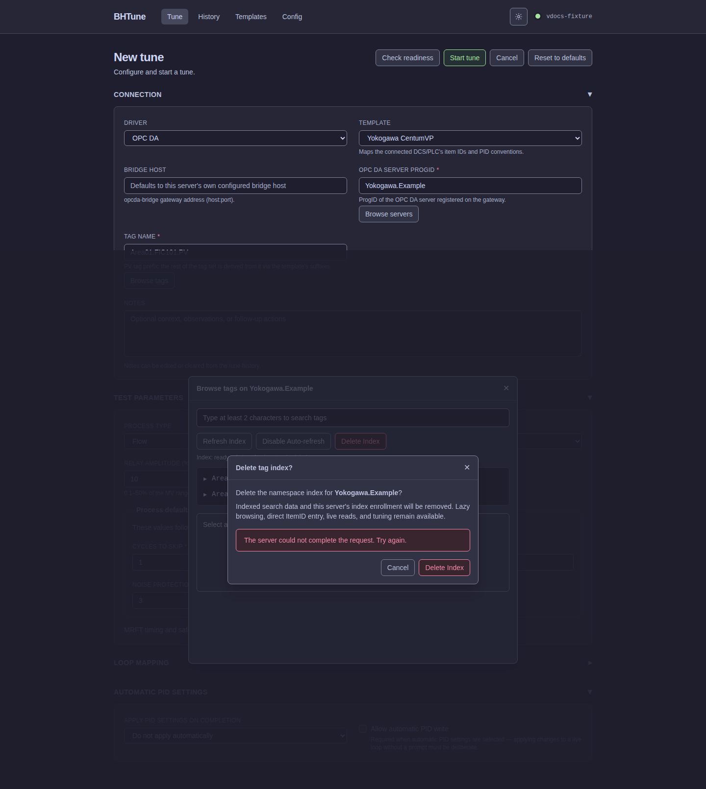 BHTune failed OPC search-index deletion confirmation with an inline retry error