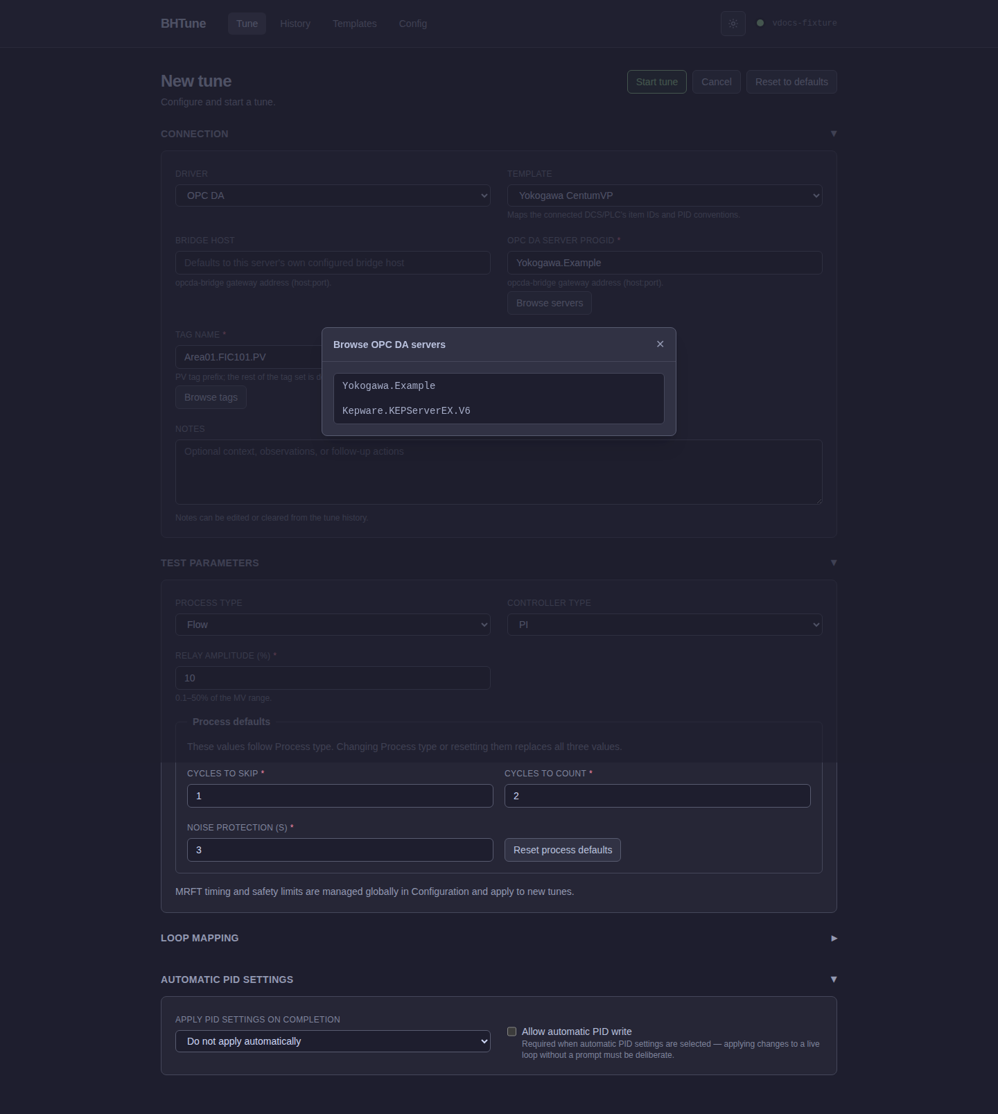 BHTune OPC DA server discovery modal listing available server ProgIDs