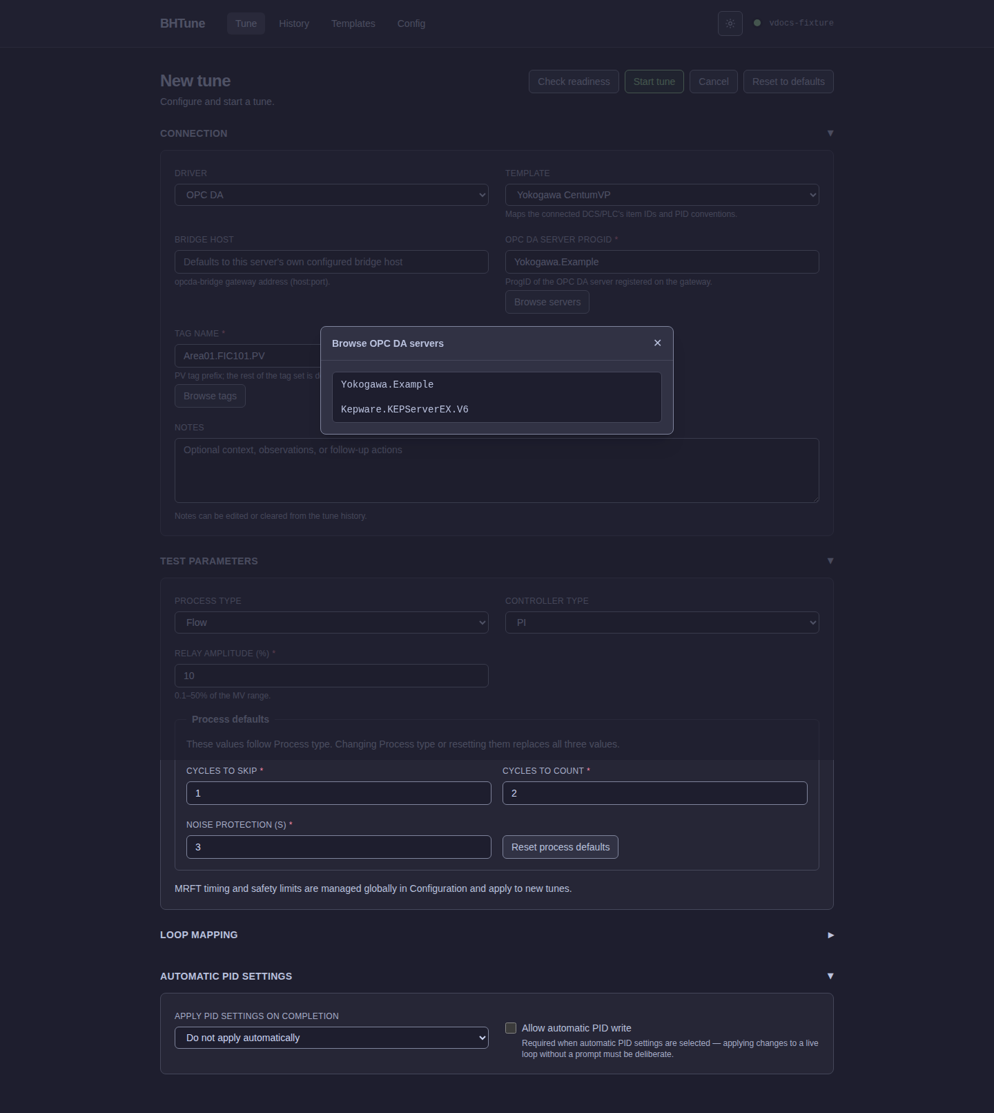 BHTune OPC DA server discovery modal listing available server ProgIDs