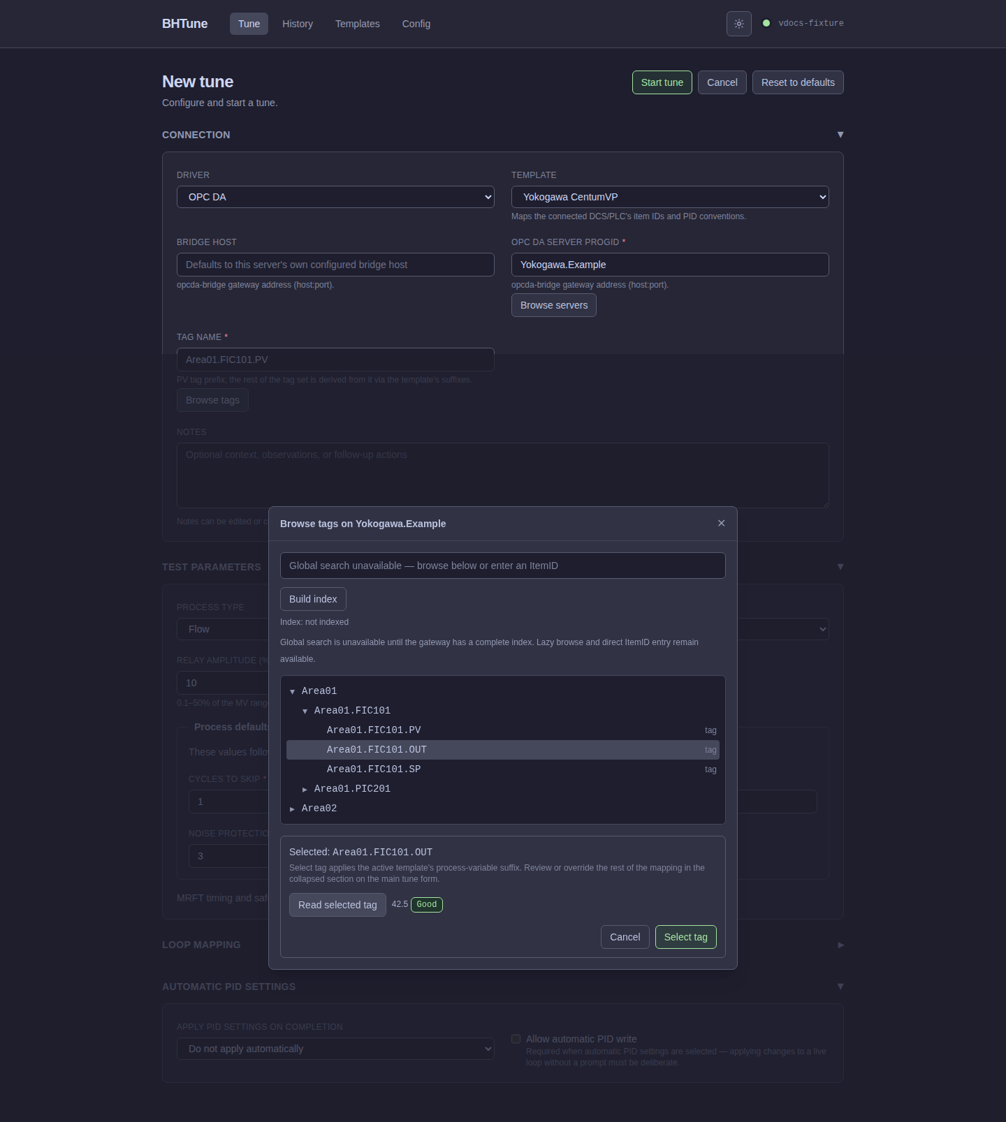 BHTune OPC tag browser with Area01.FIC101.OUT selected and its quality read visible