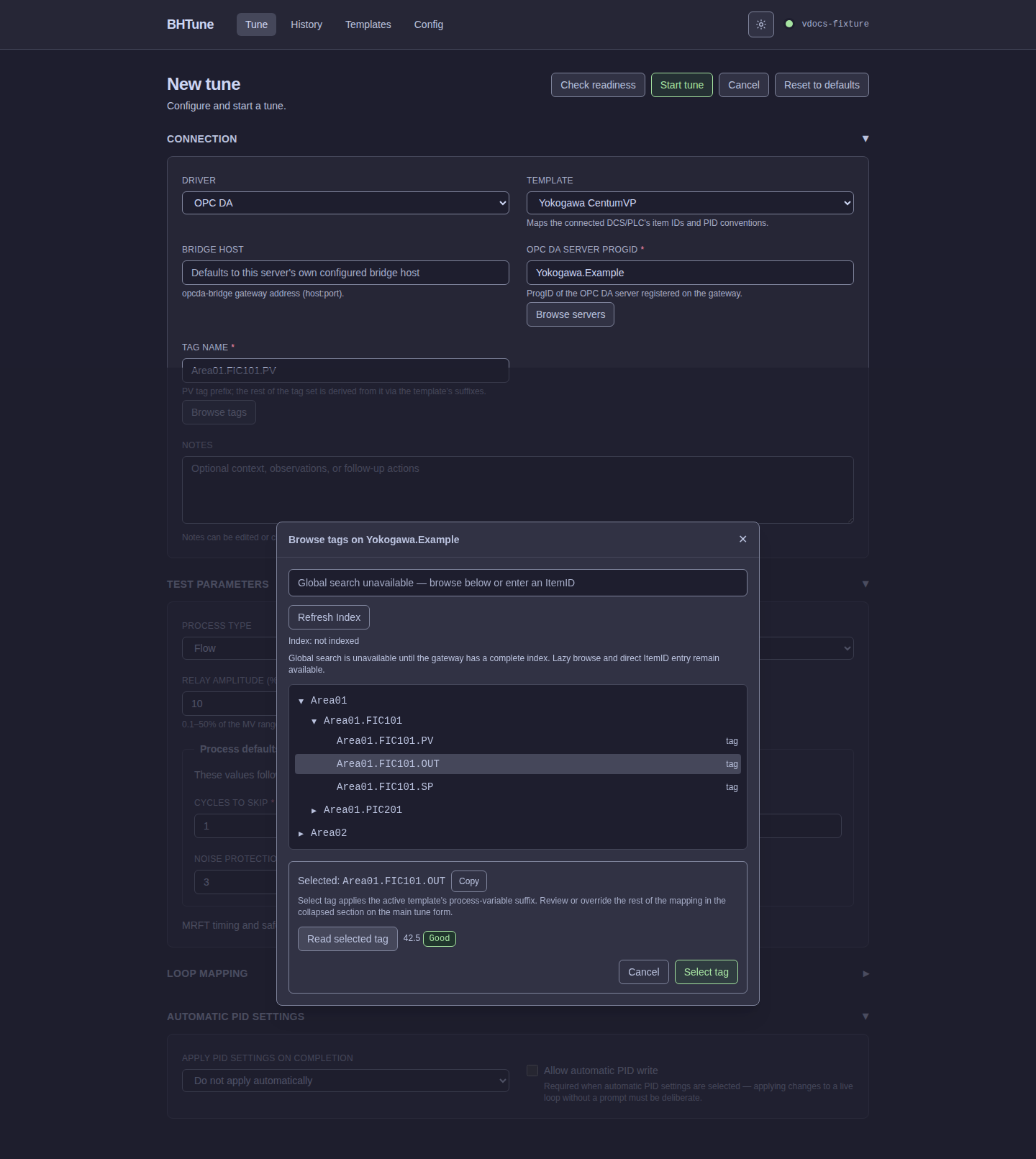 BHTune OPC tag browser with Area01.FIC101.OUT selected and its quality read visible