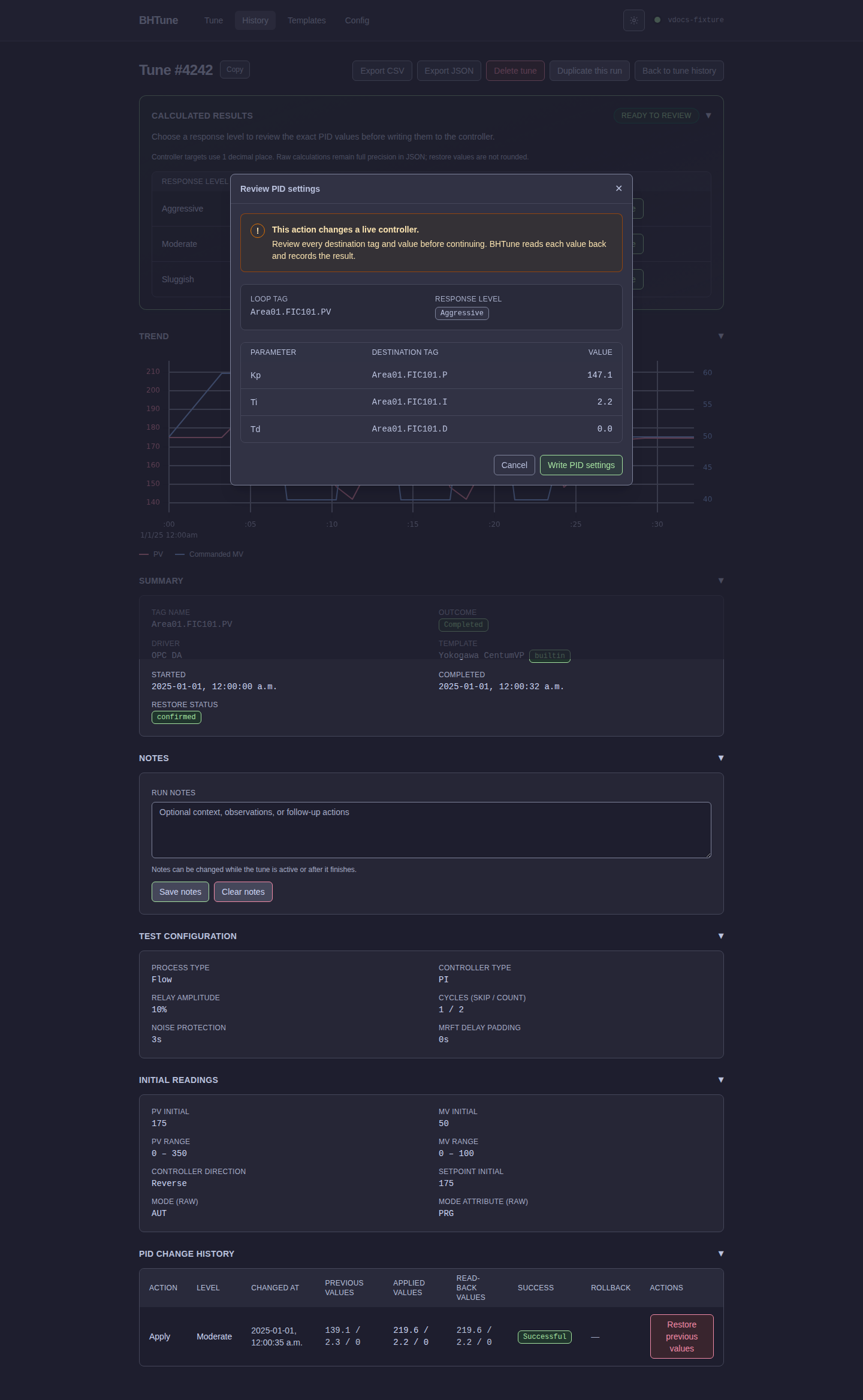 BHTune PID review modal showing the exact response level, destination tags, and values before a write