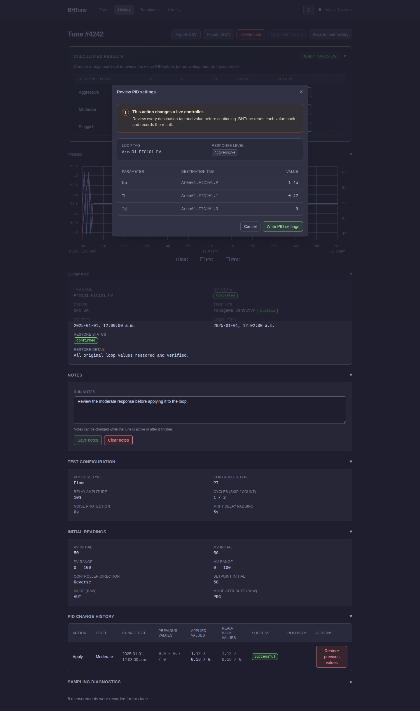 BHTune PID review modal showing the exact response level, destination tags, and values before a write