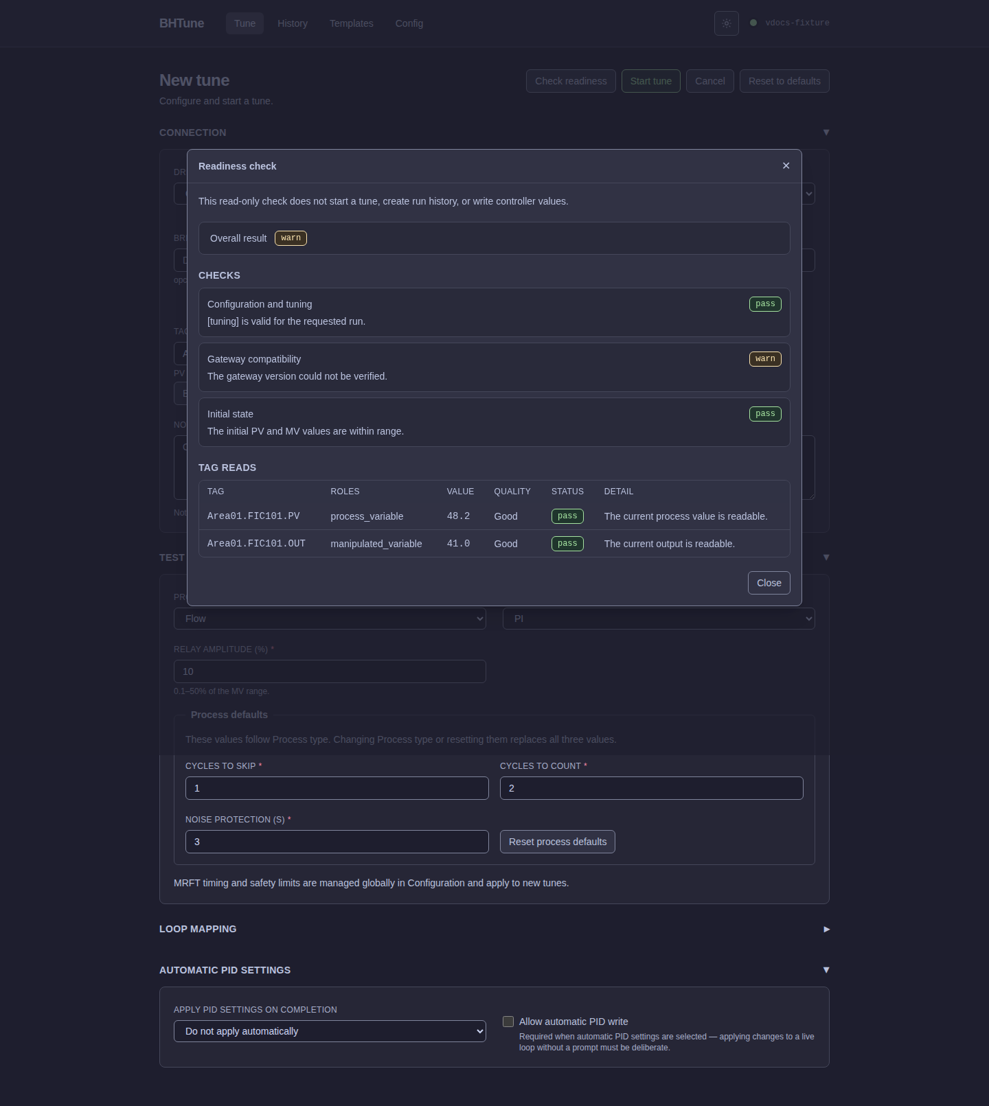 Full mode read-only tune readiness report showing individual checks and OPC tag reads