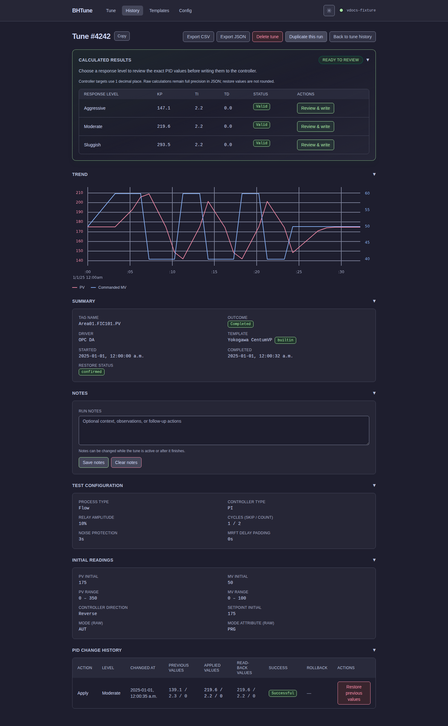 BHTune Full mode completed run detail with calculated results, trend, summary, notes, and audit sections