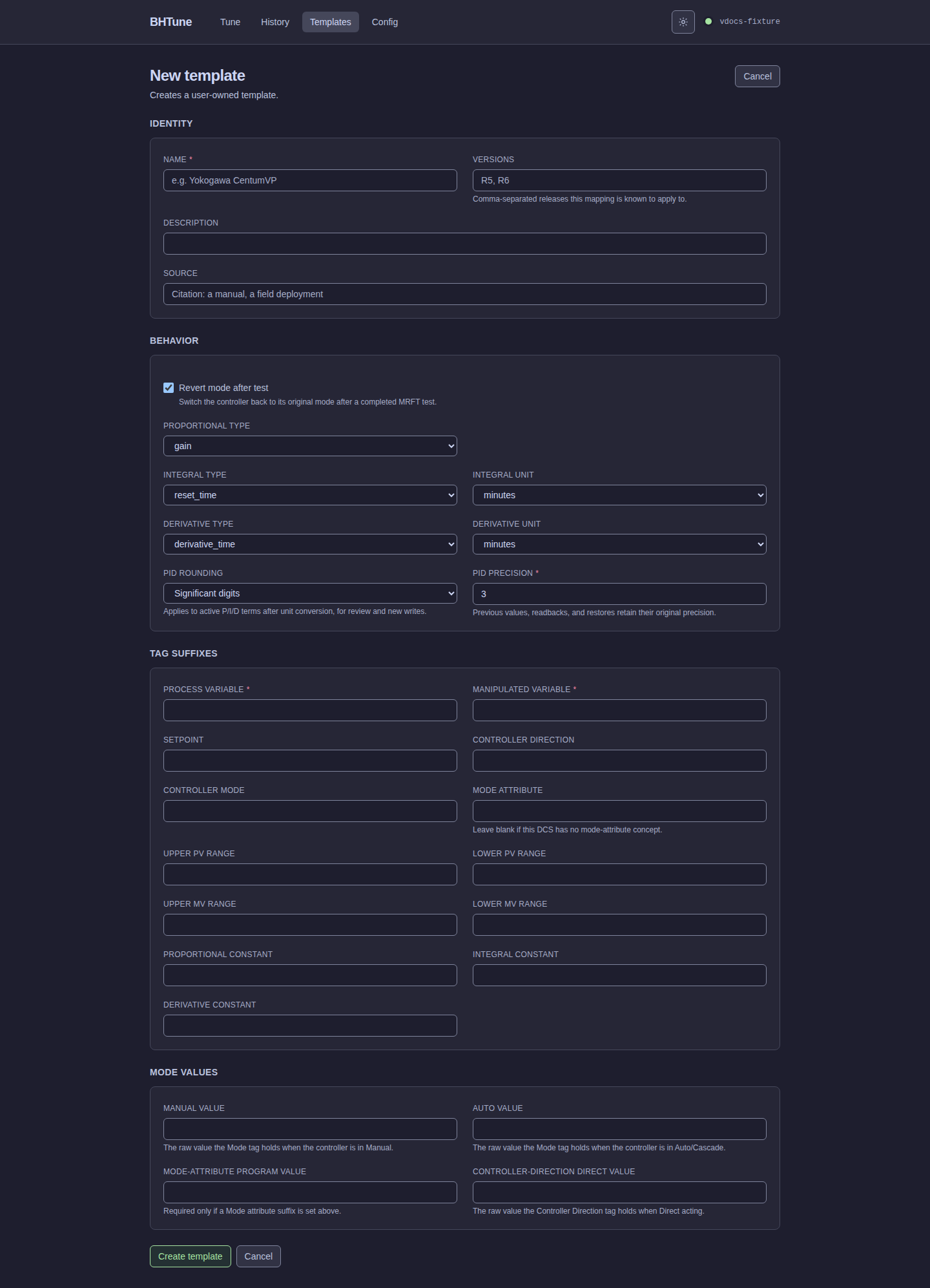 BHTune New template form with identity, behavior, suffix, and mode-value sections