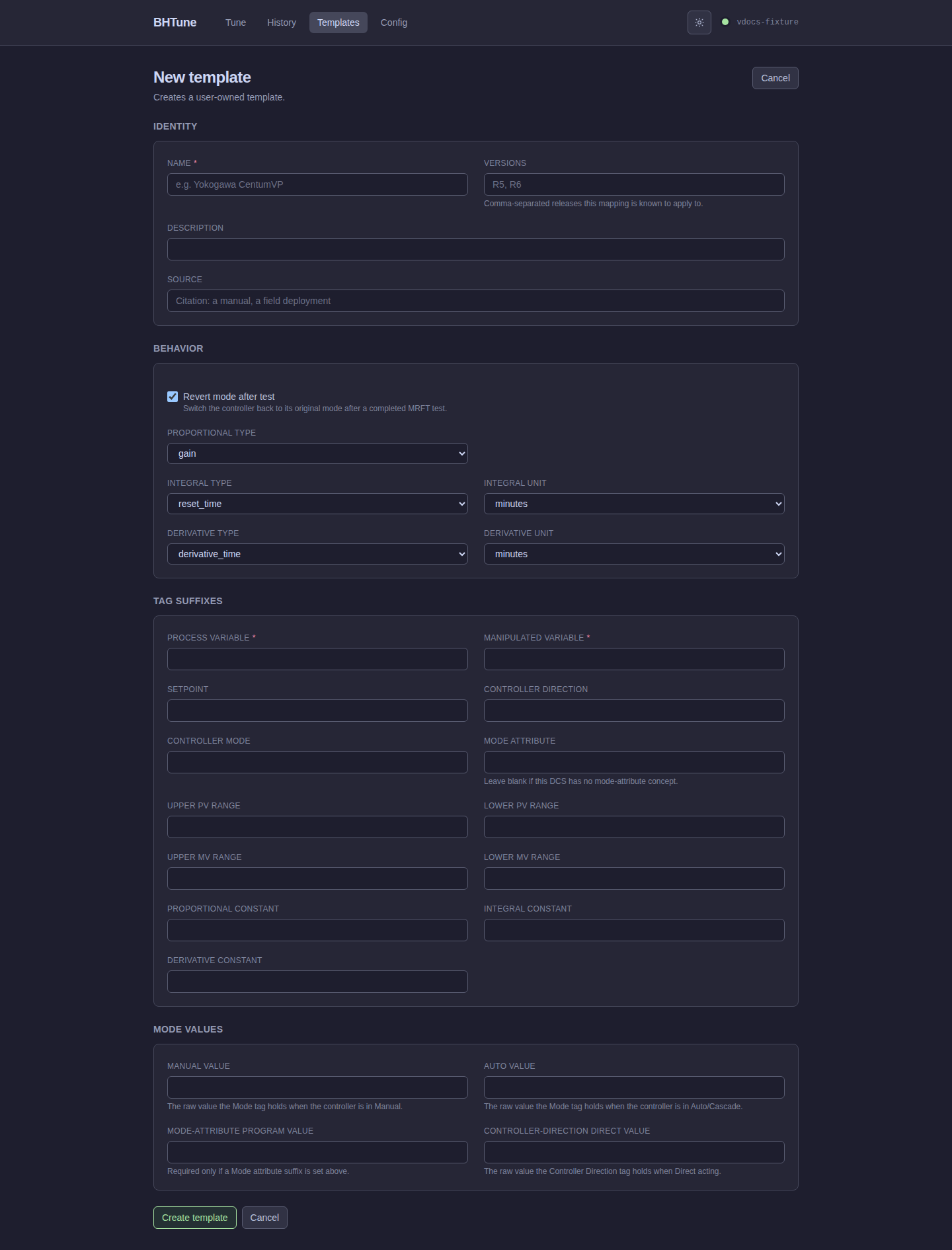 BHTune New template form with identity, behavior, suffix, and mode-value sections