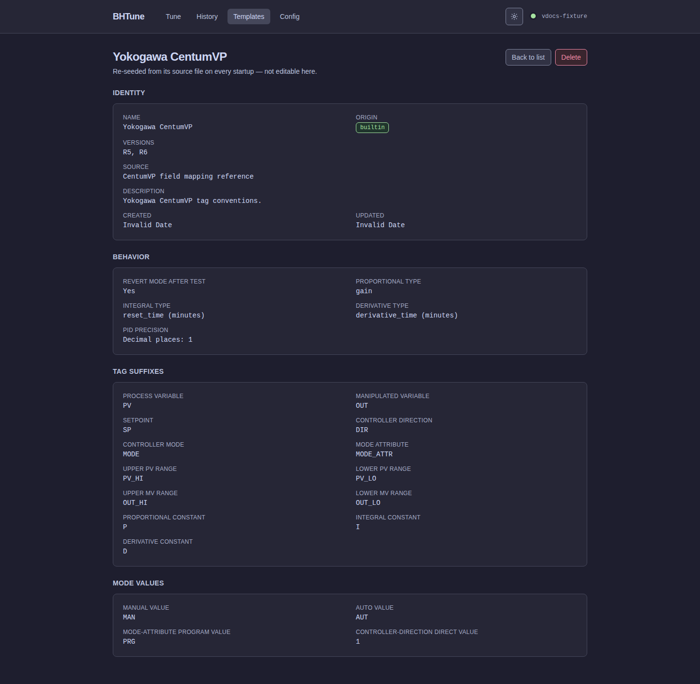 BHTune template detail page showing identity, behavior, tag suffixes, and mode values