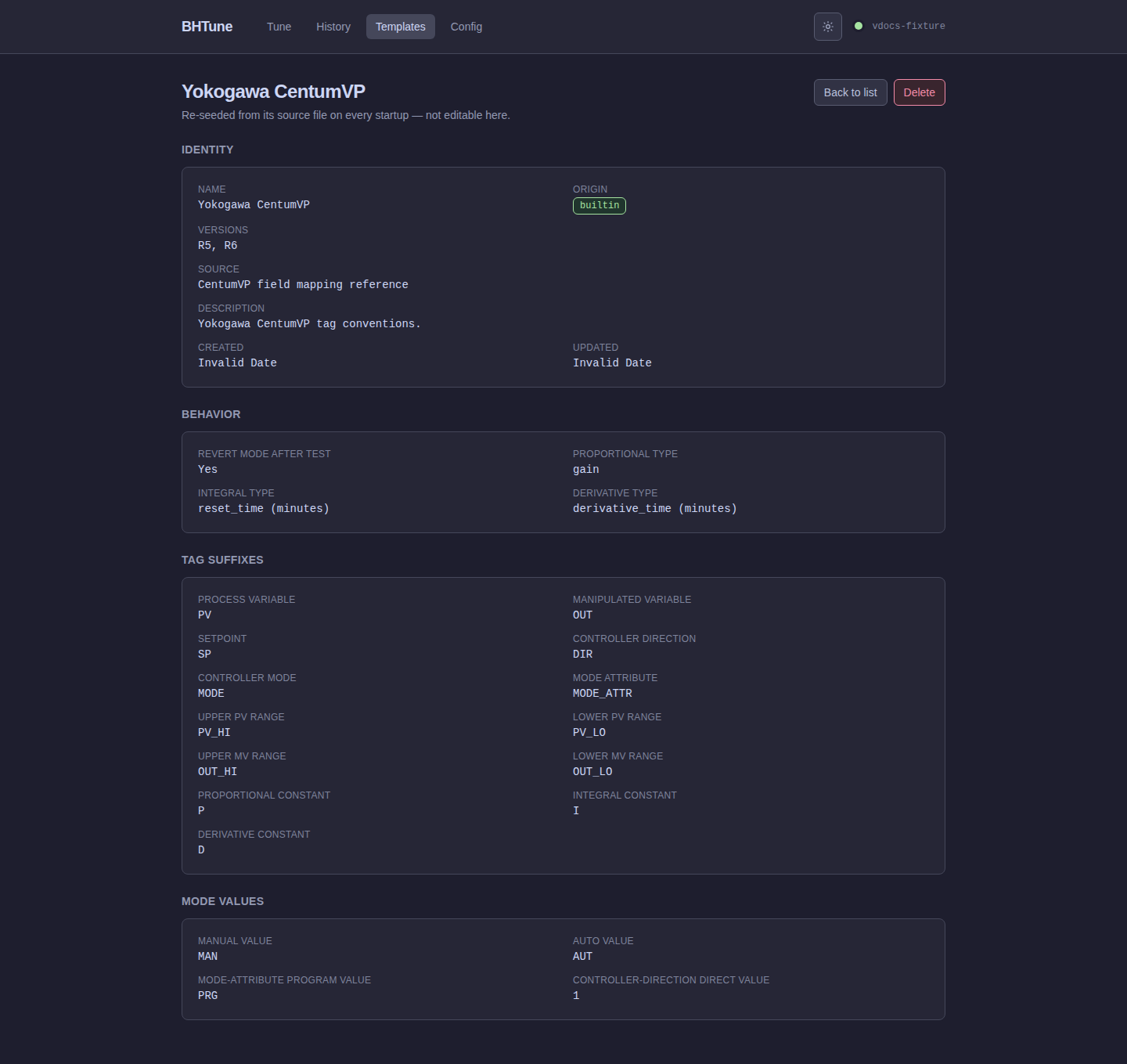 BHTune template detail page showing identity, behavior, tag suffixes, and mode values