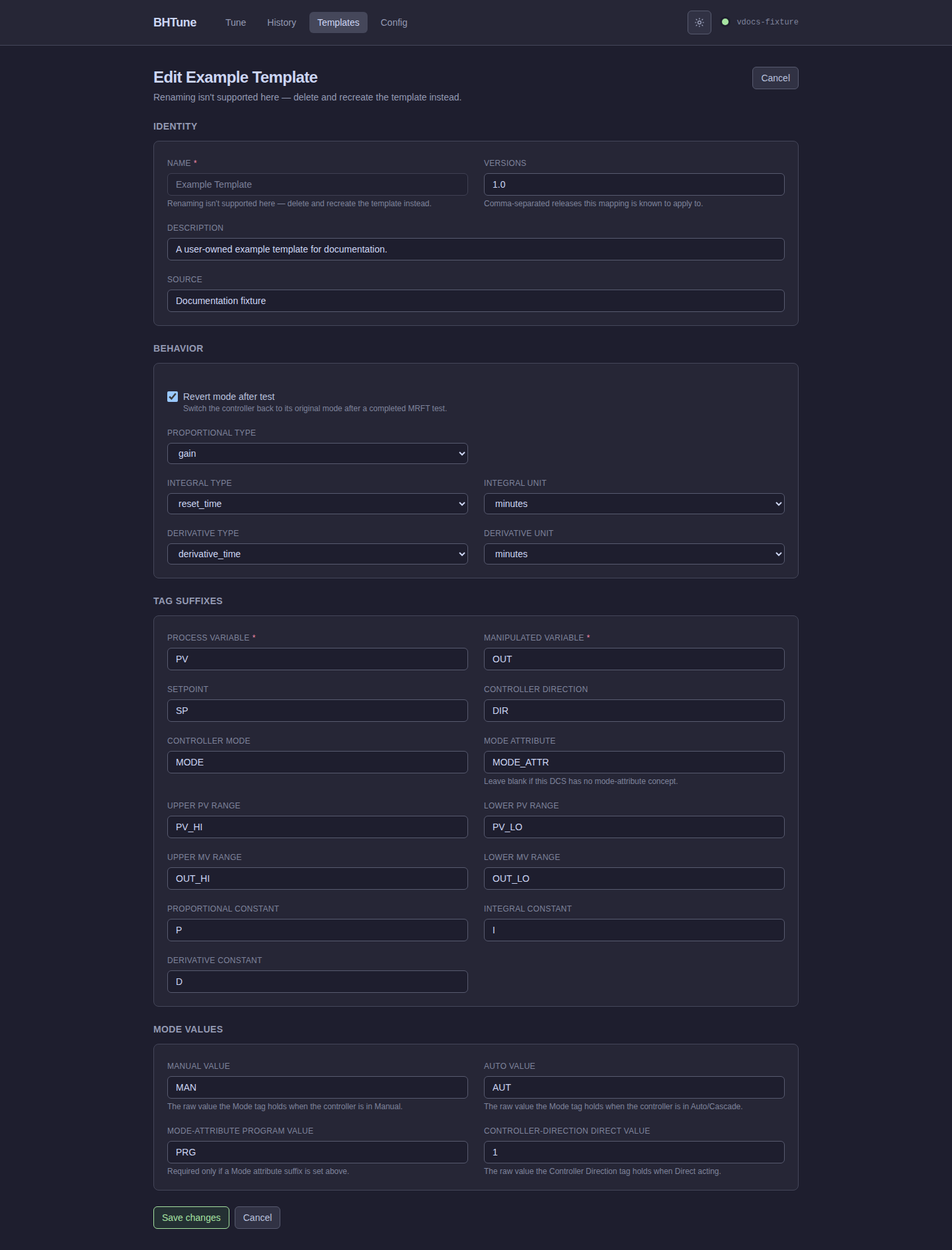 BHTune edit-template form with the existing template name locked