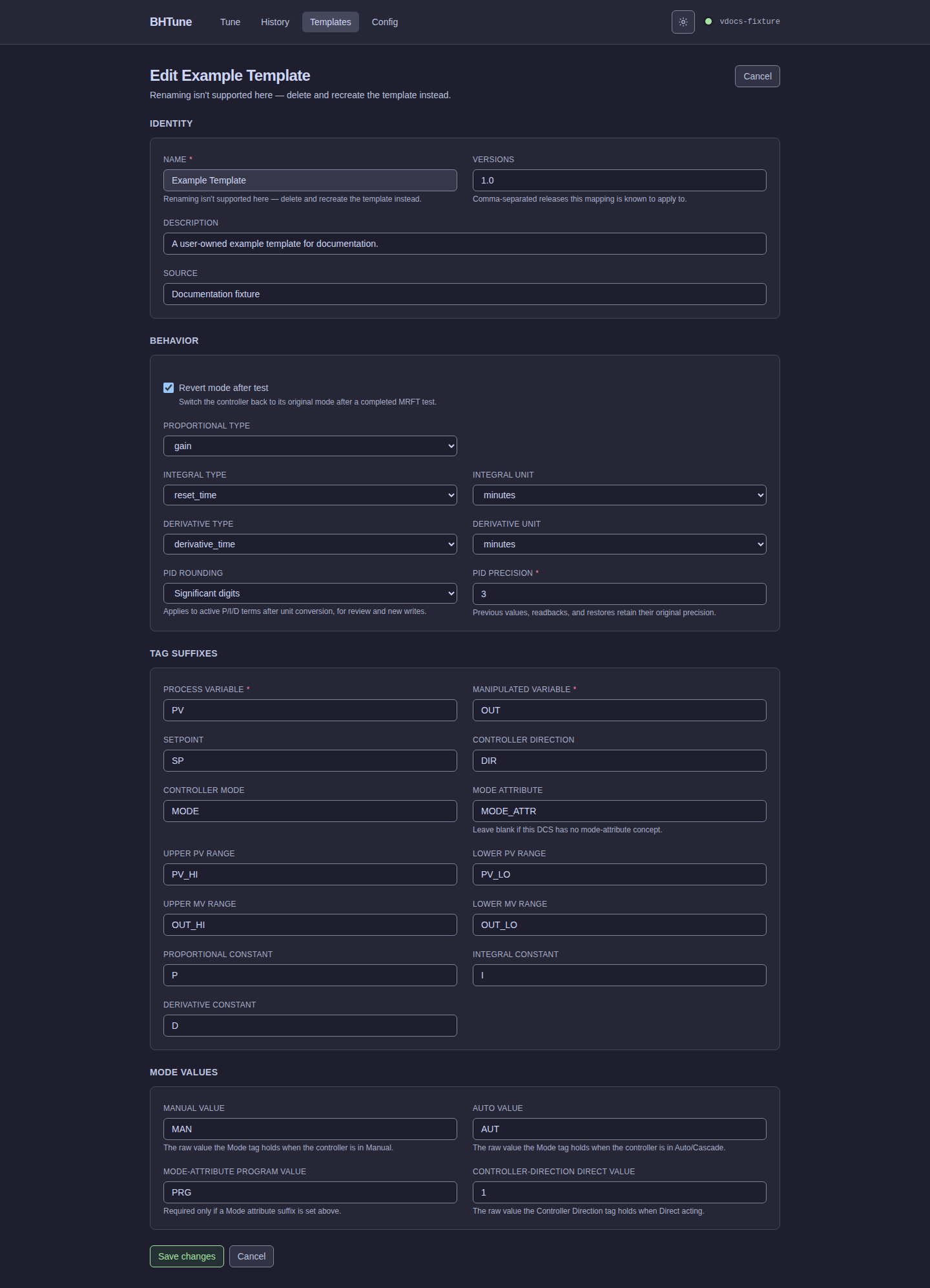 BHTune edit-template form with the existing template name locked