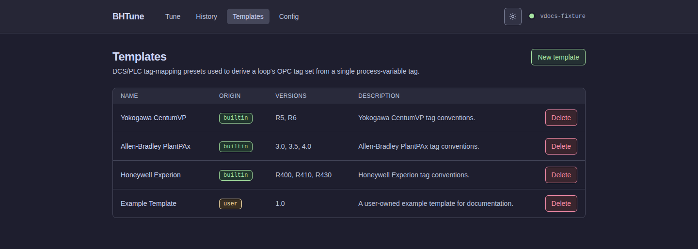 BHTune Templates page listing available DCS and PLC templates