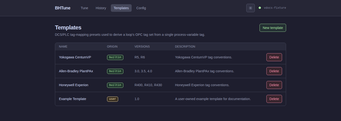 BHTune Templates page listing available DCS and PLC templates