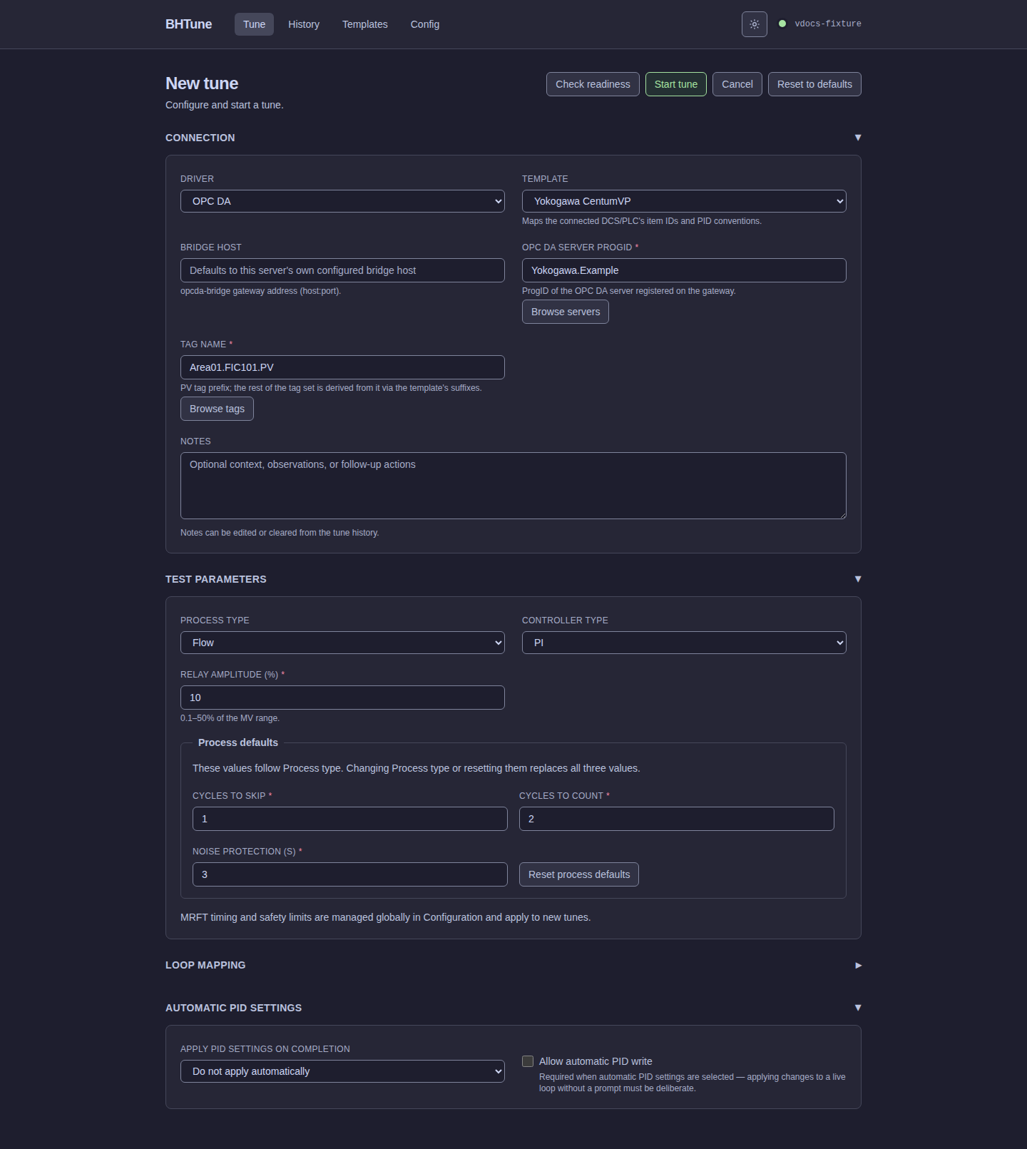 Full mode OPC DA New Tune form showing connection, test parameters, and Loop mapping