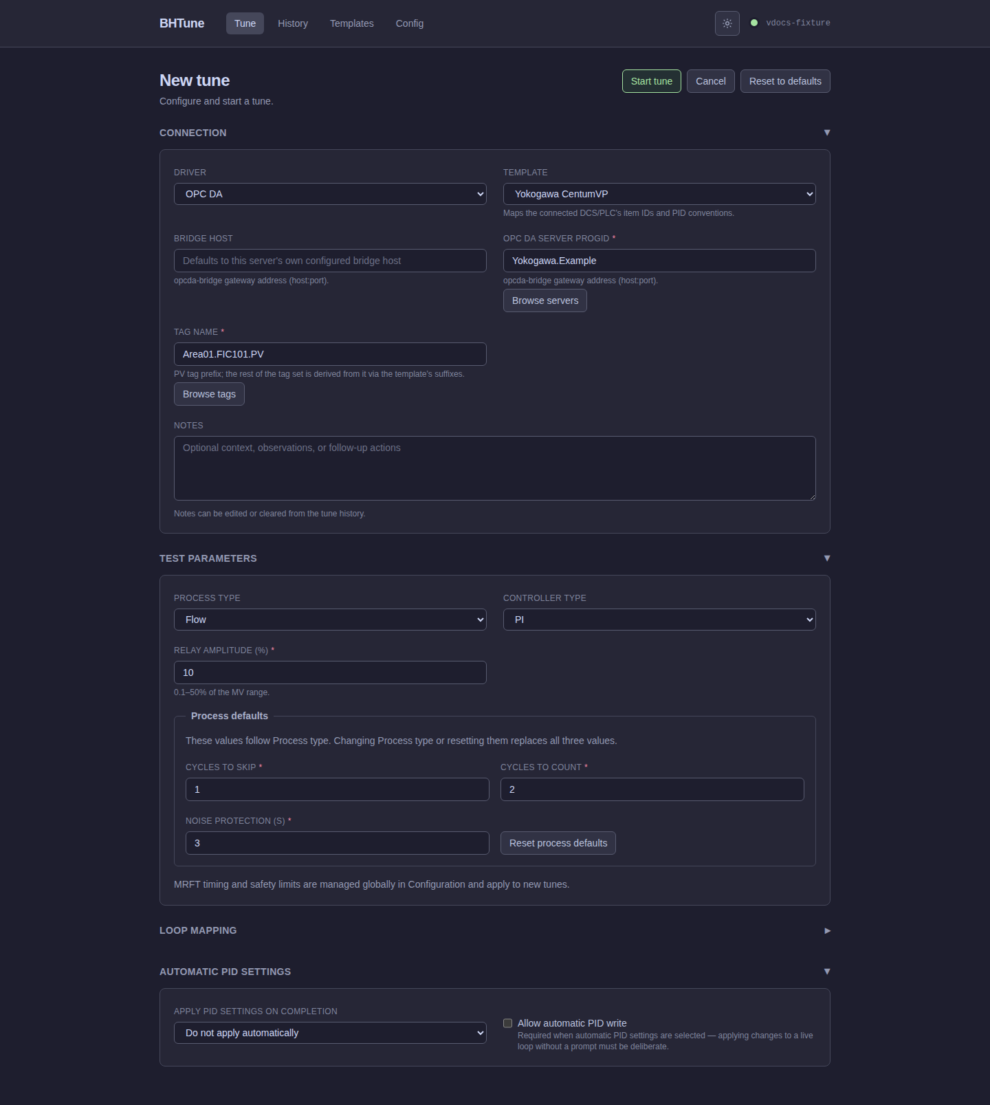 Full mode OPC DA New Tune form showing connection, test parameters, and Loop mapping