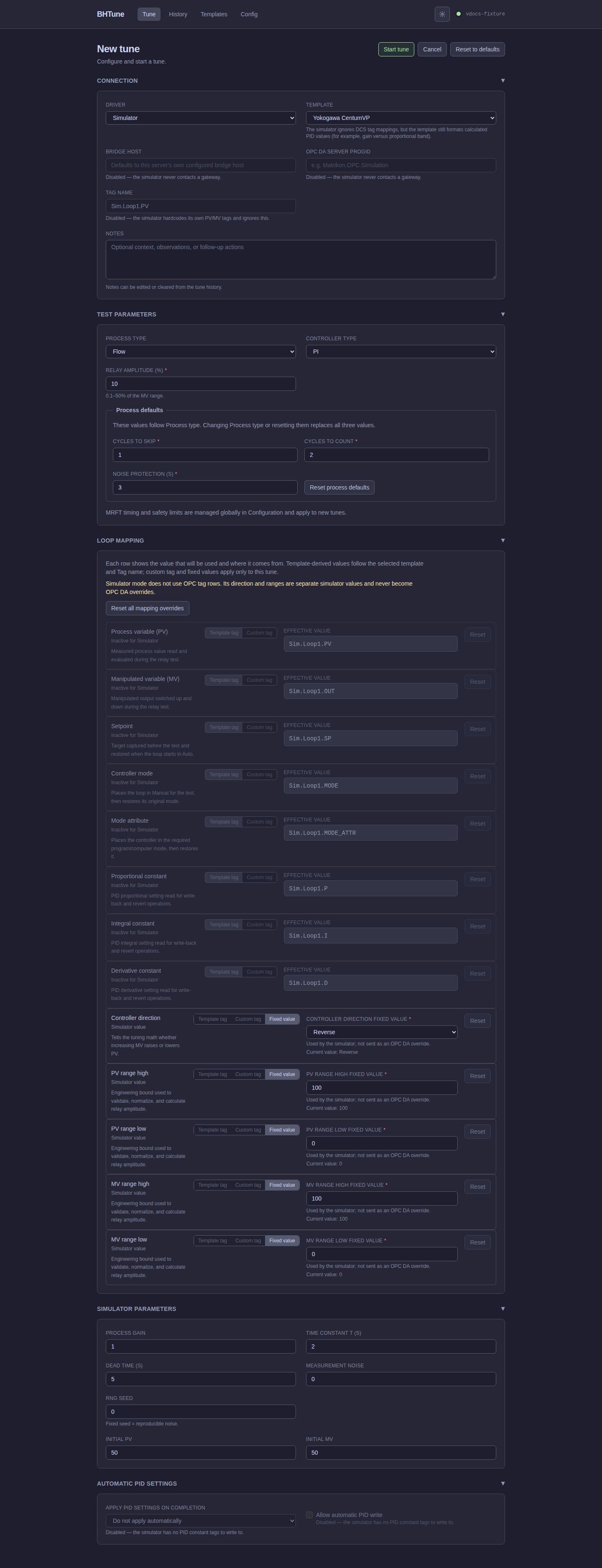 BHTune New Tune screen in Full mode with the Simulator driver selected
